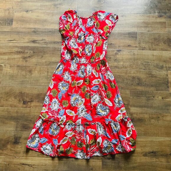 LOFT Red Floral Midi Dress Size Small | Ruffle Sleeve Boho Fit & Flare - Picture 9 of 10